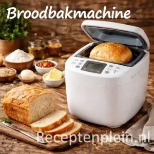 broodbakmachine en een vers gebakken brood met ingrediënten ernaast op een robuuste rustieke houten tafel met bovenaan de witte tekst “Broodbakmachine”
