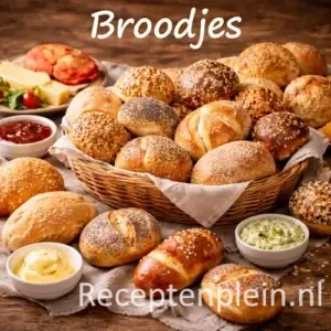 Categorie afbeelding met een mand vol diverse vers gebakken broodjes op een robuuste rustieke houten tafel met bovenaan de witte tekst “Broodjes”