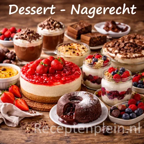 Categorie afbeelding met een selectie van verschillende desserts zoals taart, mousse en parfait op een robuuste rustieke houten tafel met bovenaan de witte tekst “Dessert - Nagerecht”