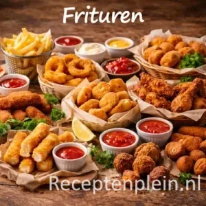 Frituur recepten met verschillende gefrituurde gerechten op een rustieke houten tafel