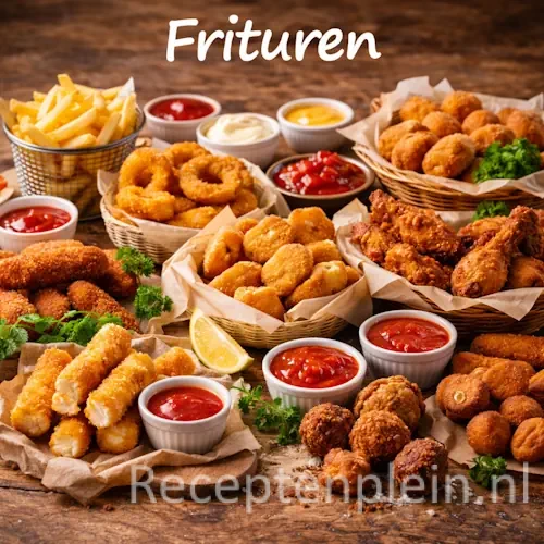 Frituur recepten met verschillende gefrituurde gerechten op een rustieke houten tafel