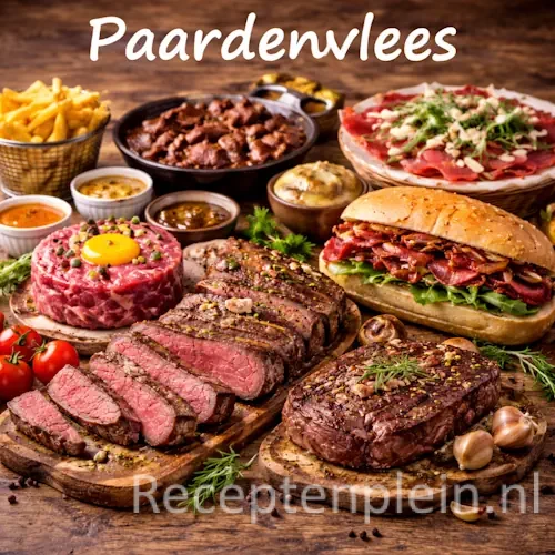 Categorie afbeelding met diverse gerechten van paardenvlees zoals steak, tartaar en carpaccio op een robuuste rustieke houten tafel met bovenaan de witte tekst “Paardenvlees”