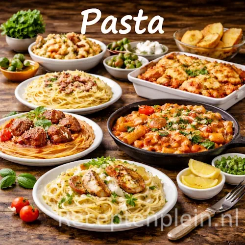 Pasta met groenten, kruiden en Italiaanse ingrediënten op een rustieke houten tafel