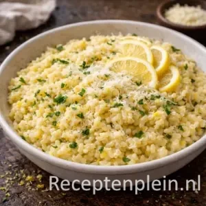 Citroenrisotto met Parmezaan romig geserveerd in een diep bord