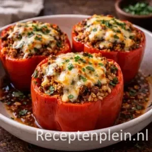 Gevulde paprika met gehakt en kaas uit de oven in een ovenschaal