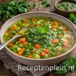 Heldere bouillon met koriander-muntpesto in een kom op een rustieke houten tafel, uitgezoomd met verse kruiden en groenten ernaast