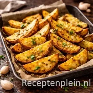 Krokante aardappelpartjes airfryer met knoflook en kruiden op een serveerschaal