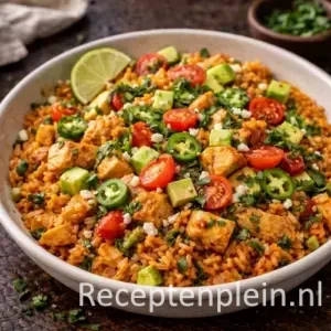 Mexicaanse rijstschotel met kip en avocado in een kom