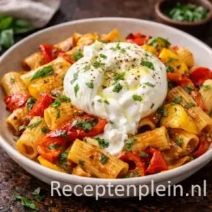 Pasta met geroosterde paprika en romige burrata bovenop een bord