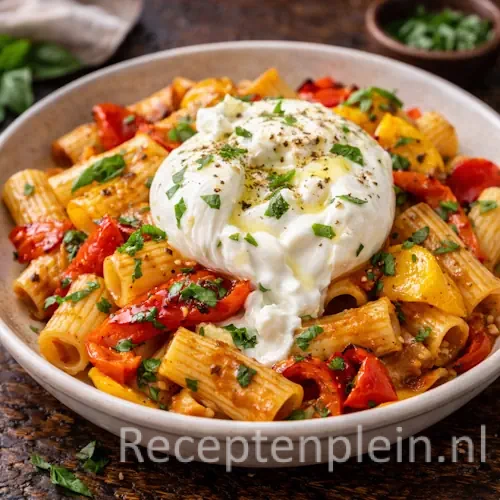 Pasta met geroosterde paprika en romige burrata bovenop een bord
