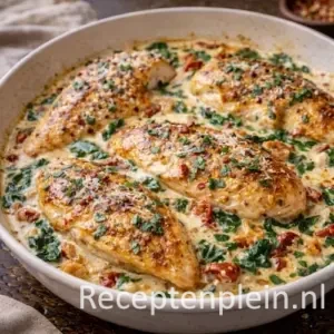 Romige Toscaanse kip uit de pan met spinazie en zongedroogde tomaten