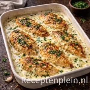 Romige kip met Boursin uit de oven in een schaal met kruidige roomsaus