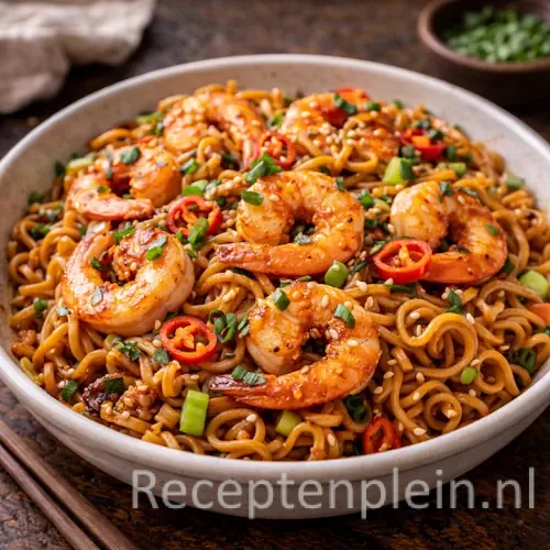 Snelle noedels met garnalen en chili in een wokkom