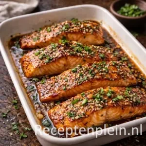Sticky honing-knoflook zalm uit de oven met glanzende saus