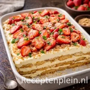 Tiramisu met aardbeien zonder rauw ei in een glazen schaal