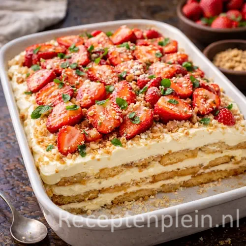 Tiramisu met aardbeien zonder rauw ei in een glazen schaal