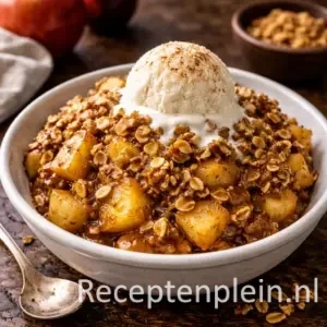 Warme appelcrumble met havermout in een ovenschaal