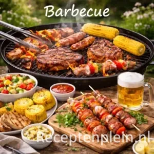 Categorie afbeelding met een barbecue vol gegrild vlees, groenten en bijgerechten op een robuuste rustieke houten tafel met bovenaan de witte tekst “Barbecue”