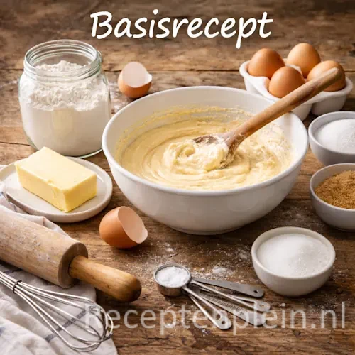 Categorie afbeelding met basis ingrediënten zoals bloem, eieren, boter en beslag in een kom op een robuuste rustieke houten tafel met bovenaan de witte tekst “Basisrecept”