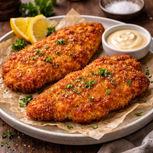 Airfryer kip schnitzel op rustieke houten tafel