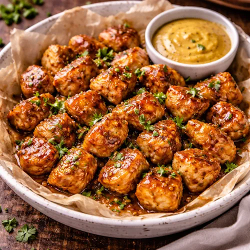 Airfryer Kipblokjes Honing Mosterd op rustieke houten tafel