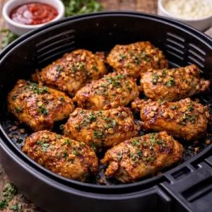 Airfryer Kipdijfilet Knoflook op rustieke houten tafel