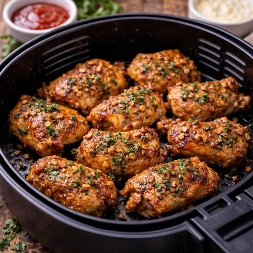 Airfryer Kipdijfilet Knoflook op rustieke houten tafel