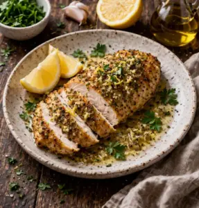 Airfryer Kipfilet Knoflook Citroen op rustieke houten tafel