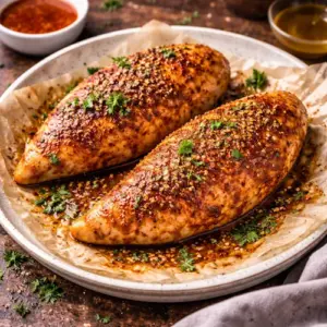 Airfryer kipfilet paprika kruiden op rustieke houten tafel