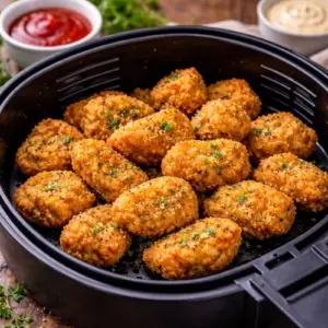 Airfryer Kipnuggets Zelfgemaakt op rustieke houten tafel