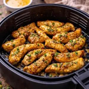 Airfryer Kipreepjes Honing Mosterd op rustieke houten tafel