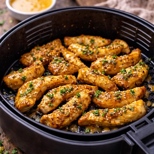 Airfryer Kipreepjes Honing Mosterd op rustieke houten tafel