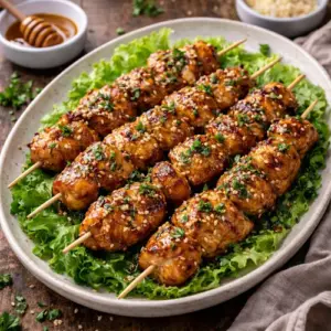 Airfryer kipspiesjes honing knoflook op rustieke houten tafel