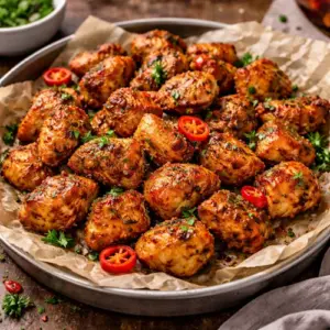 Airfryer Kipstukjes Cajun op rustieke houten tafel