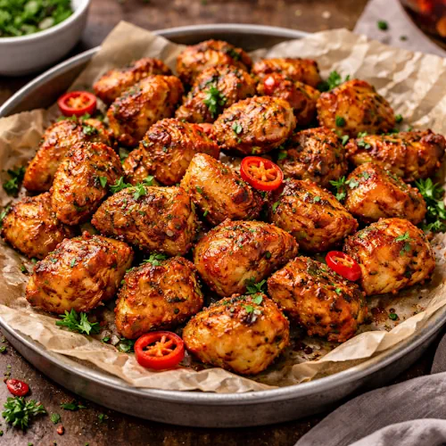 Airfryer Kipstukjes Cajun op rustieke houten tafel