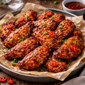 Airfryer Pittige Kipvleugels op rustieke houten tafel