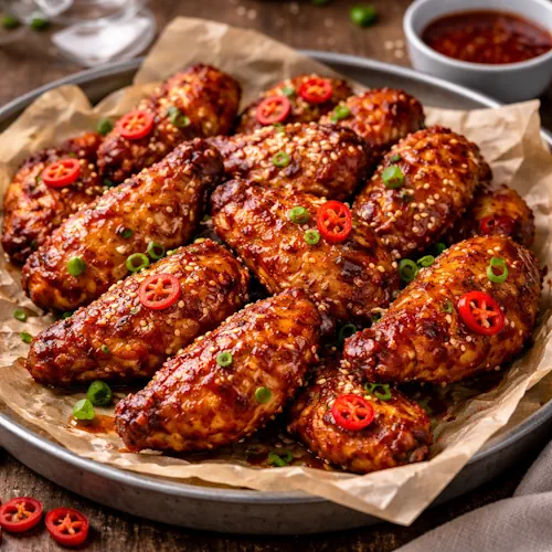 Airfryer Pittige Kipvleugels op rustieke houten tafel