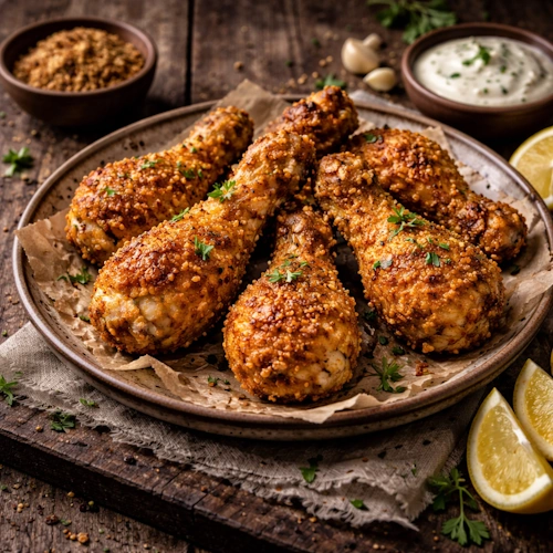 airfryer kipdrumsticks krokant op rustieke houten tafel