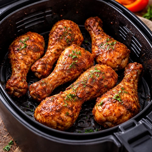 Airfryer kipdrumsticks paprika op rustieke houten tafel