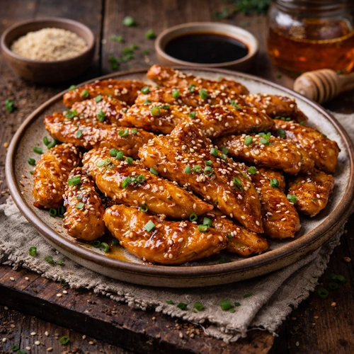 airfryer kipreepjes honing soja op rustieke houten tafel