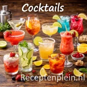 Cocktail recepten met kleurrijke cocktails op een rustieke houten tafel