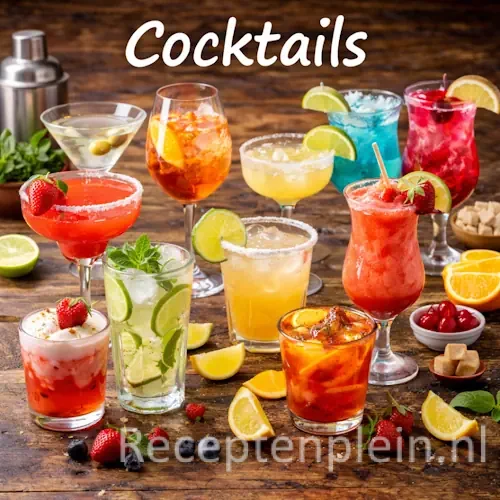 Cocktail recepten met kleurrijke cocktails op een rustieke houten tafel