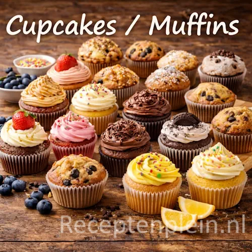 Cupcakes en muffins recepten met kleurrijke cupcakes en verse muffins op een rustieke houten tafel