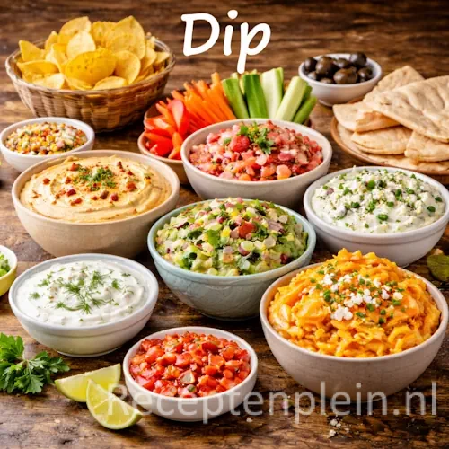 Dip sauzen met verschillende huisgemaakte dips op een rustieke houten tafel