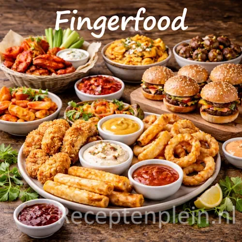 Fingerfood recepten met diverse kleine hapjes op een rustieke houten tafel