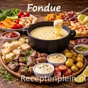Fondue recepten en fonduegerechten op een rustieke houten tafel