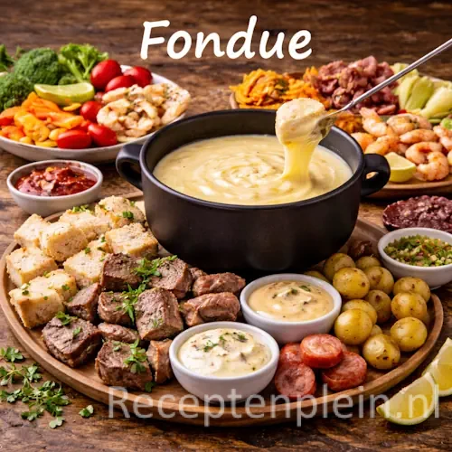 Fondue recepten en fonduegerechten op een rustieke houten tafel
