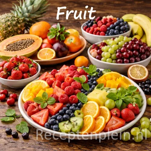 Fruit recepten met vers fruit en kleurrijke fruitgerechten op een rustieke houten tafel