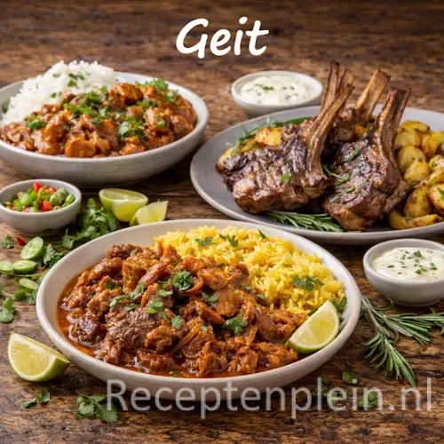 Geitenvlees recepten met gerechten met geitenvlees op een rustieke houten tafel