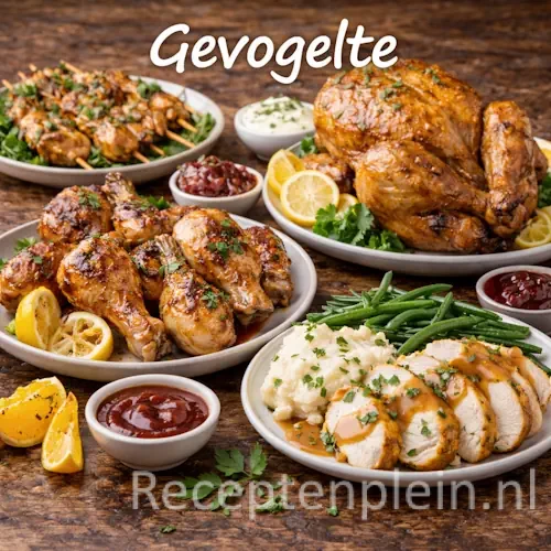 Gevogelte recepten met verschillende gerechten met gevogelte op een rustieke houten tafel